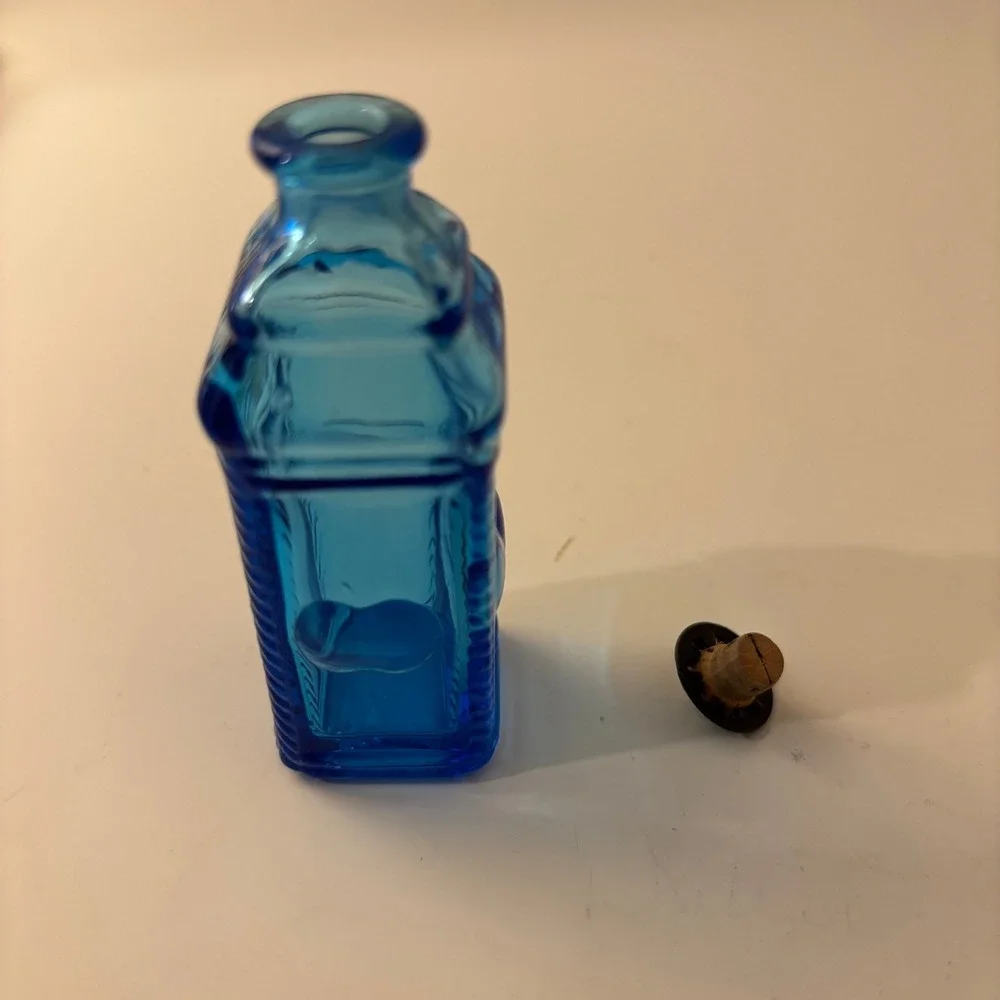 VTG Blue Pressed Glass Miniature Cathedral Bottle with Cork Stopper Dollhouse